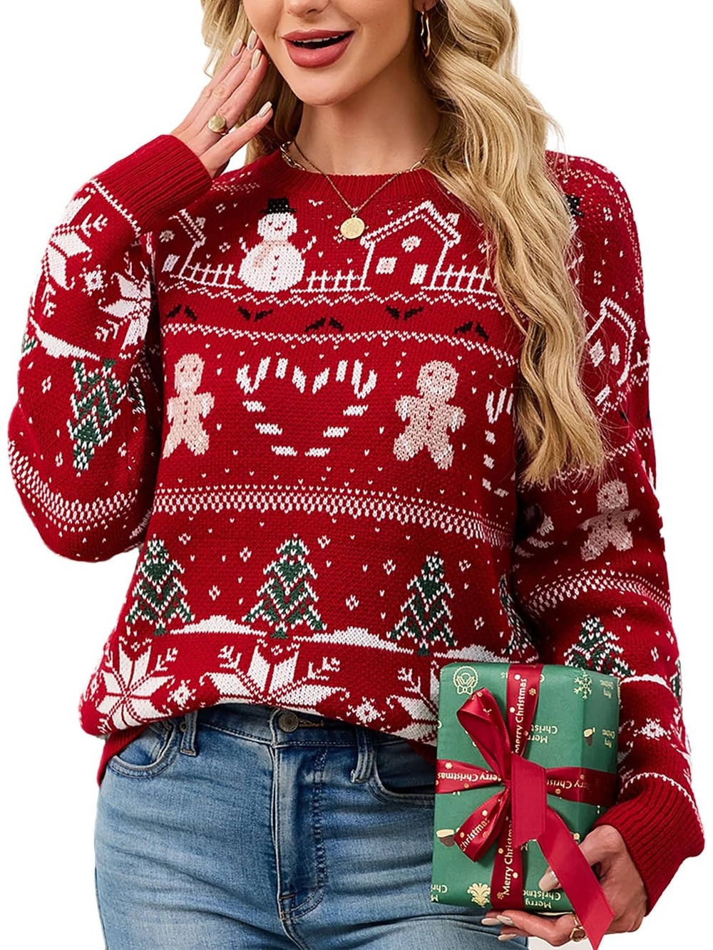 Women's Red Christmas Patterns Jacquard Cozy Crew Neck Chunky Knit Sweater